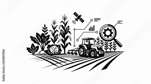 Modern farm with tractor satellite data and crops
