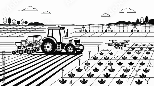 Modern farm with tractor planter drone and irrigation system