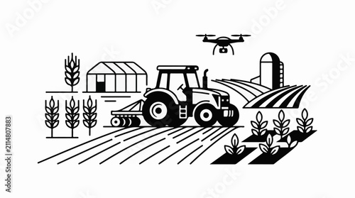 Modern farm with tractor greenhouse silo drone and crops