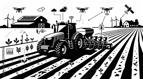 Modern farm with tractor drones and smart technology in a field