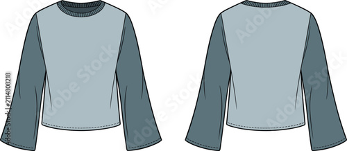 Stylish two tone crop top design template featuring unique bell sleeves perfect for a trendy womens fashion line