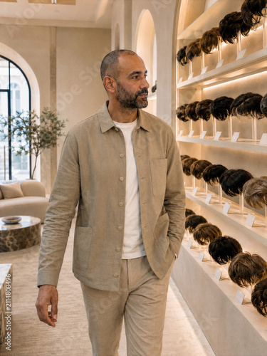 Man walking through a stylish wig store with displayed hairpieces