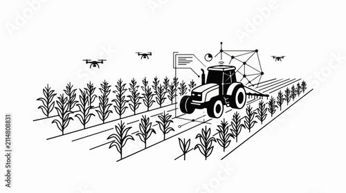 Modern farm with autonomous tractor drones and data network