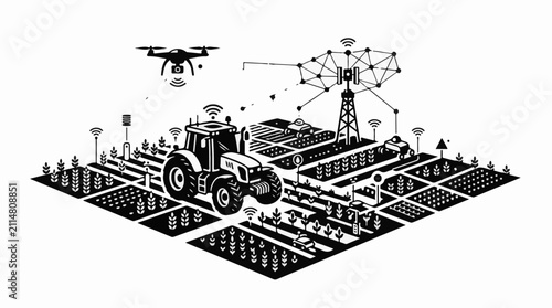 Modern farm with autonomous tractor drone and smart network