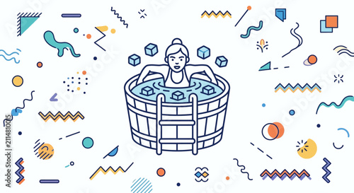 Woman Relaxing in Wooden Hot Tub with Geometric Patterns