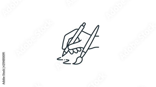 Hand Holding Pen and Brush Drawing Lines