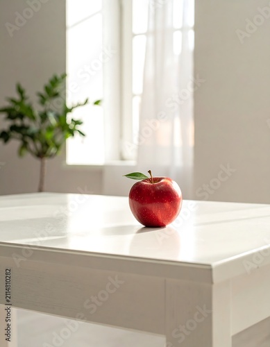 A red apple sits on a white table in a bright room