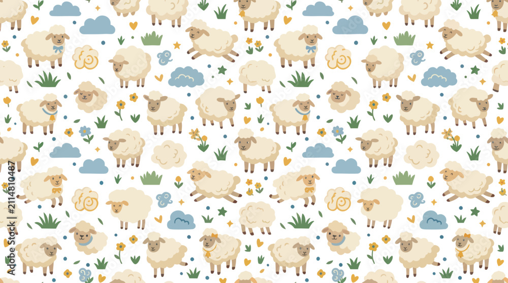 Fototapeta premium Cute Flat Cartoon Sheep and Lamb Seamless Pattern for Children's Textile, Farm, and Agriculture Industry