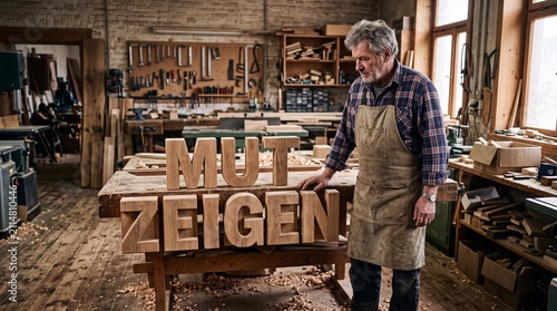 Älterer Schreiner in seiner Werkstatt neben großen Holzbuchstaben mit dem Schriftzug MUT ZEIGEN als Totale