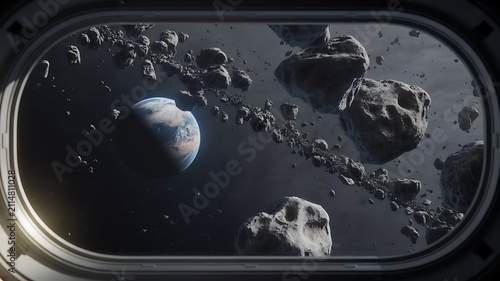 Asteroids near planet Earth in space view from spaceship porthole. Meteorites in outer space near Earth. An asteroid field in the Solar System. 