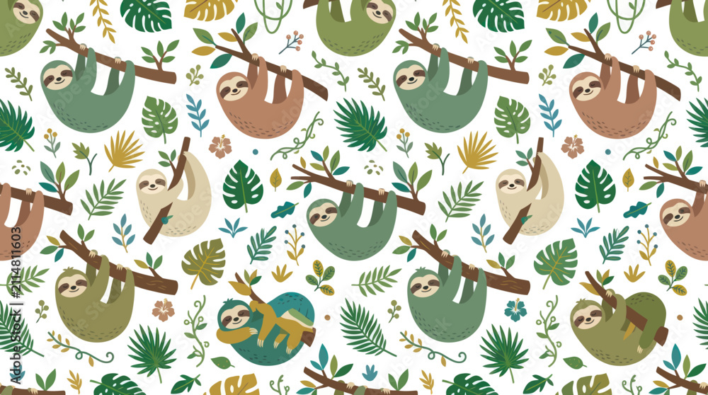 Fototapeta premium Cute Cartoon Sloths Seamless Pattern with Tropical Leaves in Flat Design Style for Kids Nature Themes