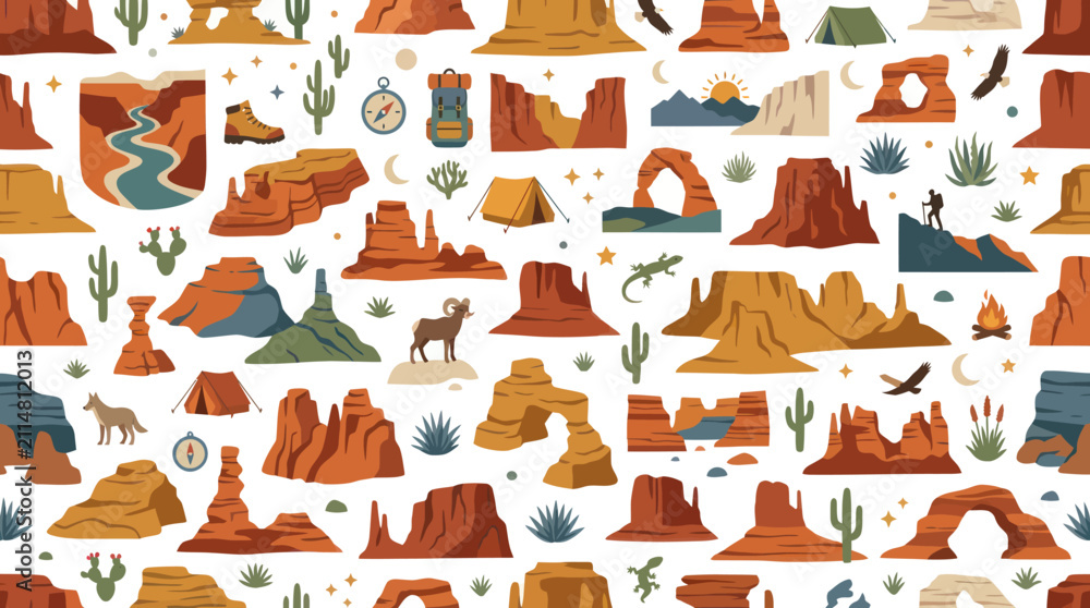 Fototapeta premium Outdoor Adventure Flat Vector Seamless Pattern: Southwest USA Desert Landscapes, Nature Camping Icons