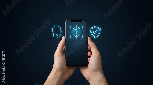 Hands holding smartphone with face ID. Mobile device biometric security and data protection.