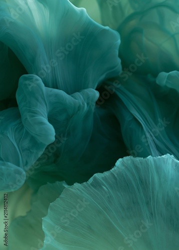 Abstract close-up of a group of flowers. the flowers are in various shades of blue and green, creating a soft and dreamy atmosphere.