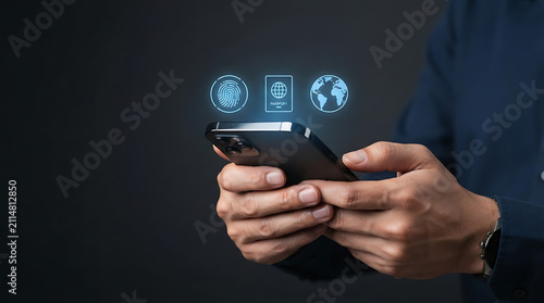Hands holding smartphone with digital icons. Mobile device showing biometric security data.