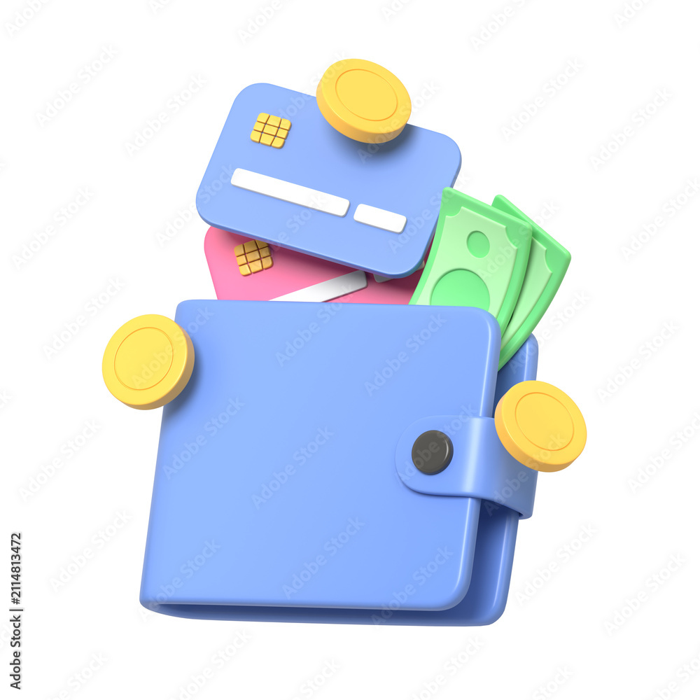Obraz premium Vibrant 3D rendering of wallet bursting with credit cards currency and coins against a dark background symbolizing financial abundance.3d render