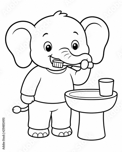 Vertical whimsical children’s coloring page illustration of cute elephant brushing teeth in bathroom for educational hygiene activities and early childhood learning use-case