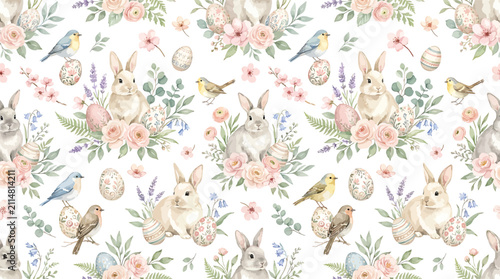 Easter seamless pattern with watercolor bunnies flowers and decorative eggs for spring holiday textile and wrapping paper