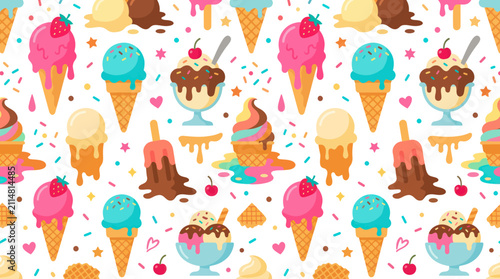 Colorful Flat Design Ice Cream Seamless Pattern - Summer Food  Dessert Background with Cones, Scoops, Sundaes, Popsicles