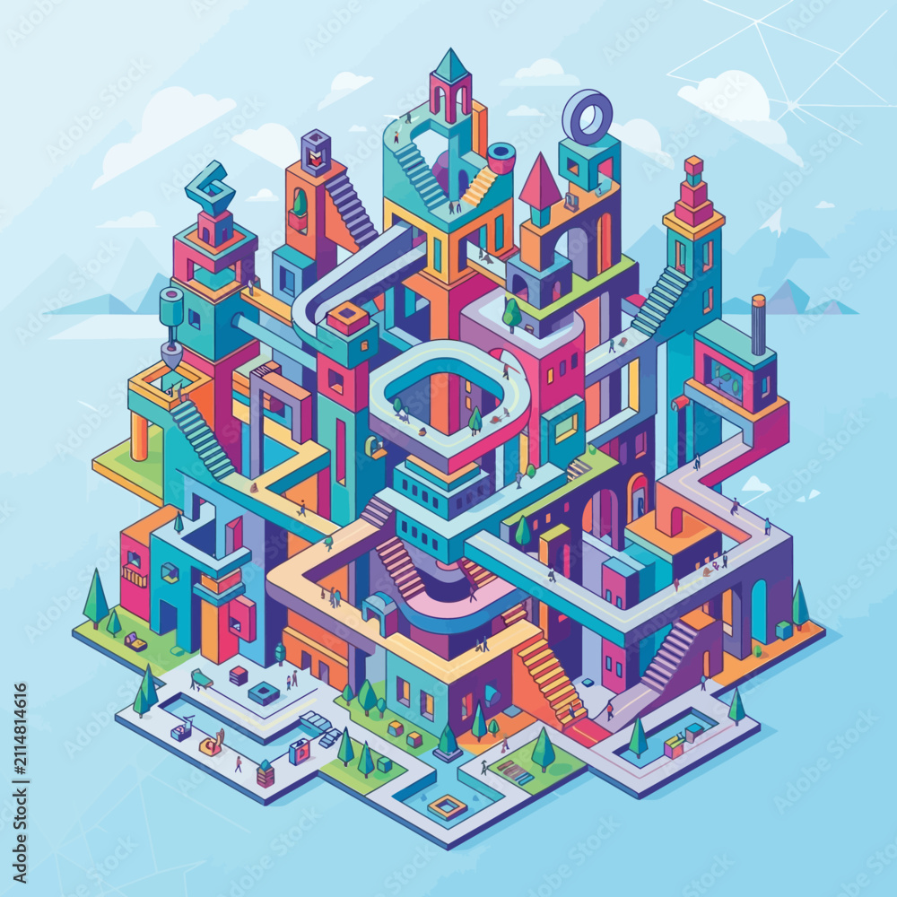 Fototapeta premium Colorful Isometric Cityscape with Buildings and Towers.