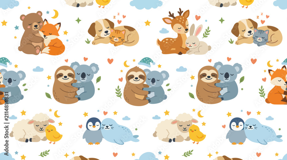 Fototapeta premium Cute Animal Couples Hugging Flat Vector Seamless Pattern for Children's Nursery, Baby Products Animal Love