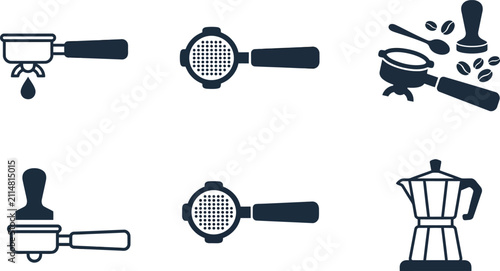Obraz na płótnie Coffee barista equipment vector icons with portafilter and tamper