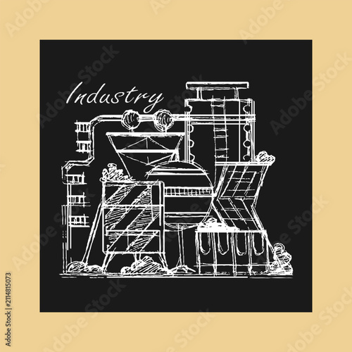 Handwritten icon of an industrial plant. Rough chalk sketch on a black background. Doodle, squiggle. Vector illustration