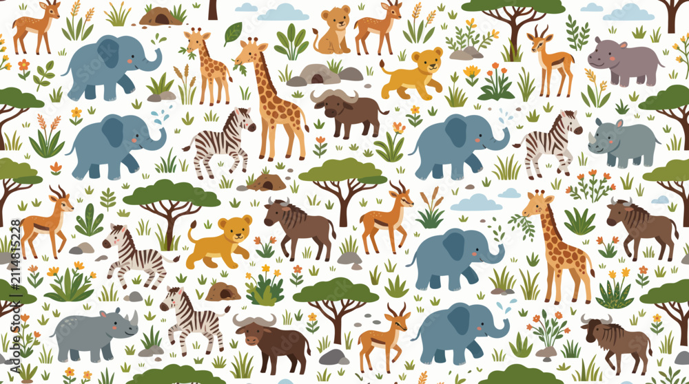 Obraz premium Cute African Safari Animals Seamless Pattern. Flat Vector Illustration for Kids' Design, Nursery Decor Wildlife Background.