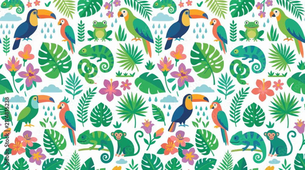 Obraz premium Tropical Jungle Animals and Plants Seamless Pattern. Cute Flat Cartoon Vector Background for Kids and Nature Themes