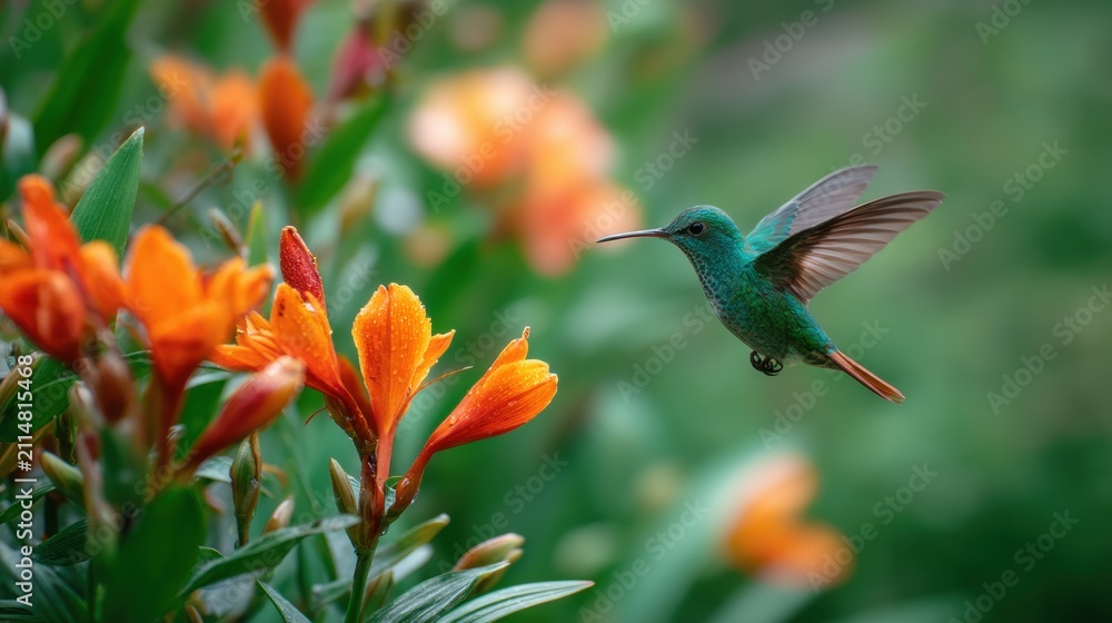 Obraz premium Green hummingbird hovering near bright orange lilies in garden. Wild bird flying and drinking nectar from flower. Wildlife nature photography, environmental conservation and spring concept.