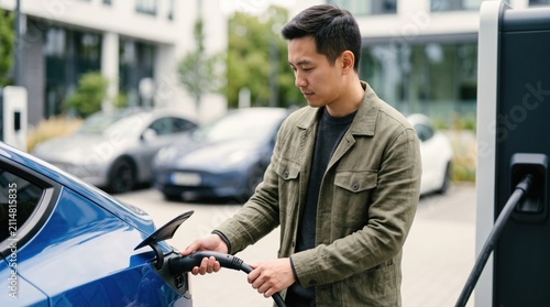 Asian man plugging charging cable into blue electric car at urban EV station, modern eco friendly transport and clean energy concept outdoors