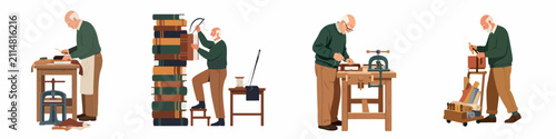 Obraz na płótnie Set of Illustrations Depicting an Elderly Male Bookbinder Crafting and Repairing