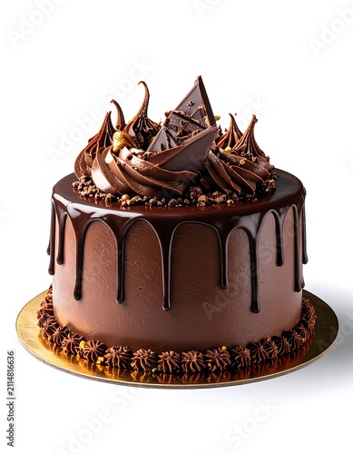 A rich, mocha-colored cake adorned with chocolate frosting and toppings
