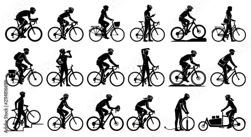 Cyclist silhouette vector set featuring people riding bicycles and standing with bikes for urban commuting healthy lifestyle and outdoor recreation