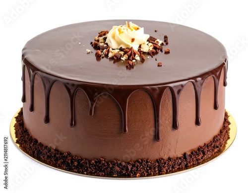 A rich, mocha-colored cake with chocolate ganache and toppings