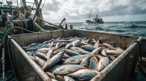 Fresh catch of fish piled on a commercial fishing boat deck.