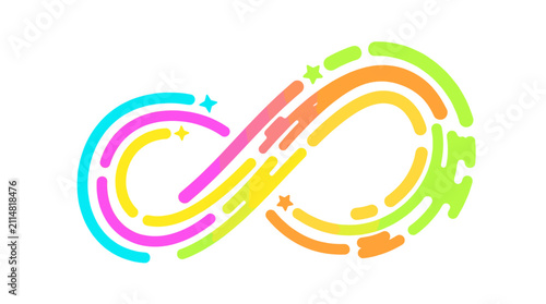 Colorful infinity symbol with stars and abstract shapes