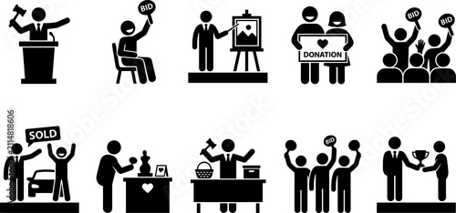 Auction fundraising icons, charity bidding illustration, donation event graphics, gavel podium sale award concept silhouettes