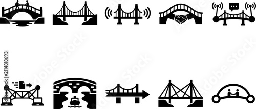 Bridge connection icons, communication progress illustration, unity symbolism graphics, data transfer design, suspension cable-stayed concept silhouettes