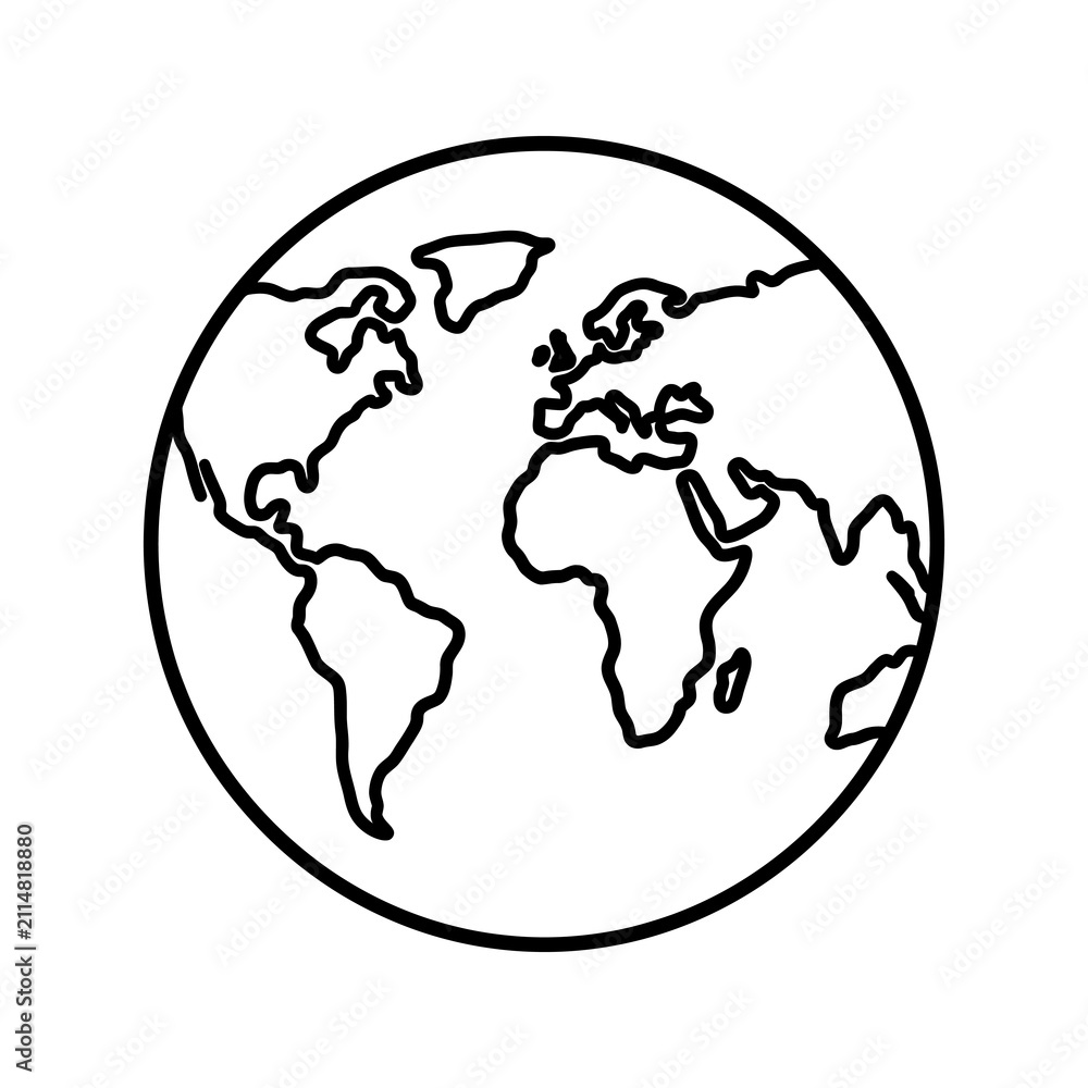 Obraz premium Simple line art world globe icon representing Earth with land continents.