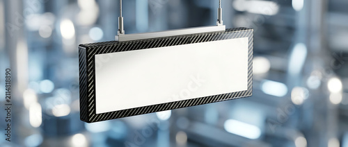 Blank Rectangular Retail Display Hanging Sign with Carbon Fiber Frame in Modern Industrial Setting