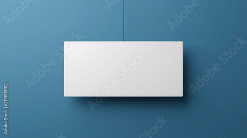 Blank Rectangular Signage Suspended Against a Textured Blue Wall for Customization and Advertising Needs