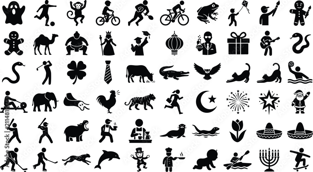 Fototapeta premium Set of various black silhouette icons depicting people animals objects and activities in a flat minimalist style for web design and creative graphic projects