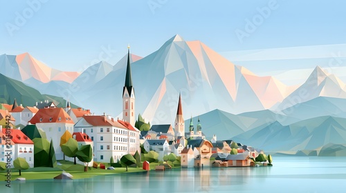 low poly digital illustration of Austria featuring Vienna skyline, Alpine mountains, crystal lakes and medieval villages, geometric contemporary artwork with vibrant colors