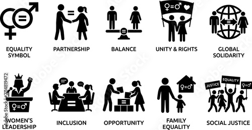 Gender equality icons, social justice illustration, inclusion opportunity leadership graphics, partnership unity rights solidarity cooperation concept design