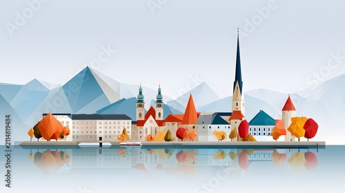 low poly digital illustration of Austria featuring Vienna skyline, Alpine mountains, crystal lakes and medieval villages, geometric contemporary artwork with vibrant colors
