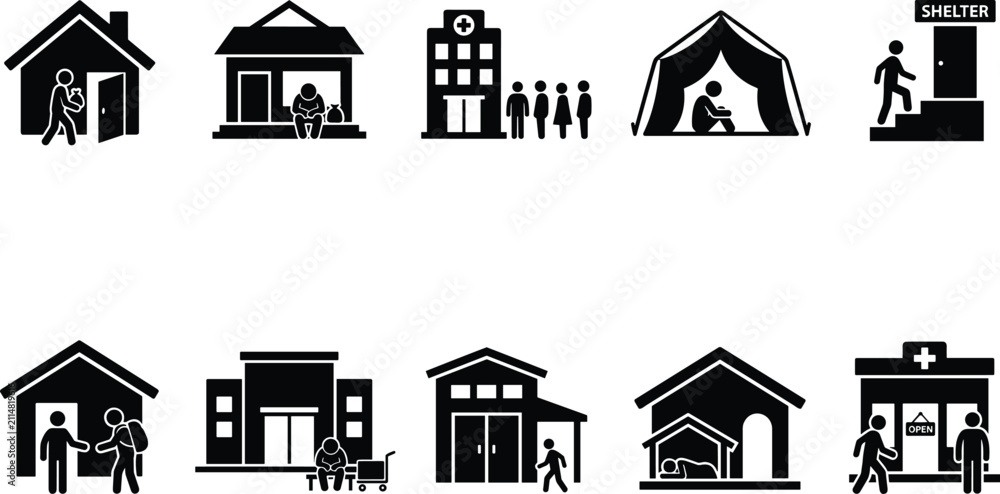 Obraz premium Housing facility icons, community shelter illustration, healthcare building graphics, social service design, residential support concept, medical and housing aid