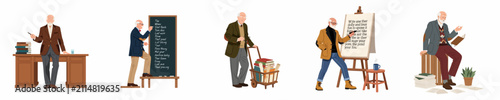Flat vector illustration set of an elderly male professor engaged in various academic activities like teaching, reading, and organizing books in a university setting.