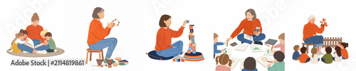 Set of flat illustrations showing a female teacher engaging in diverse educational activities with young children like reading, music, building blocks, drawing, and storytelling.