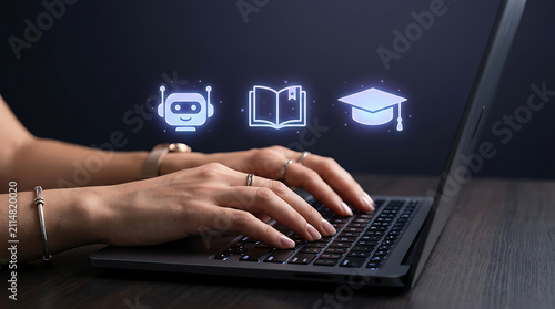 Hands typing on laptop with AI icons. Student using computer for online education research.